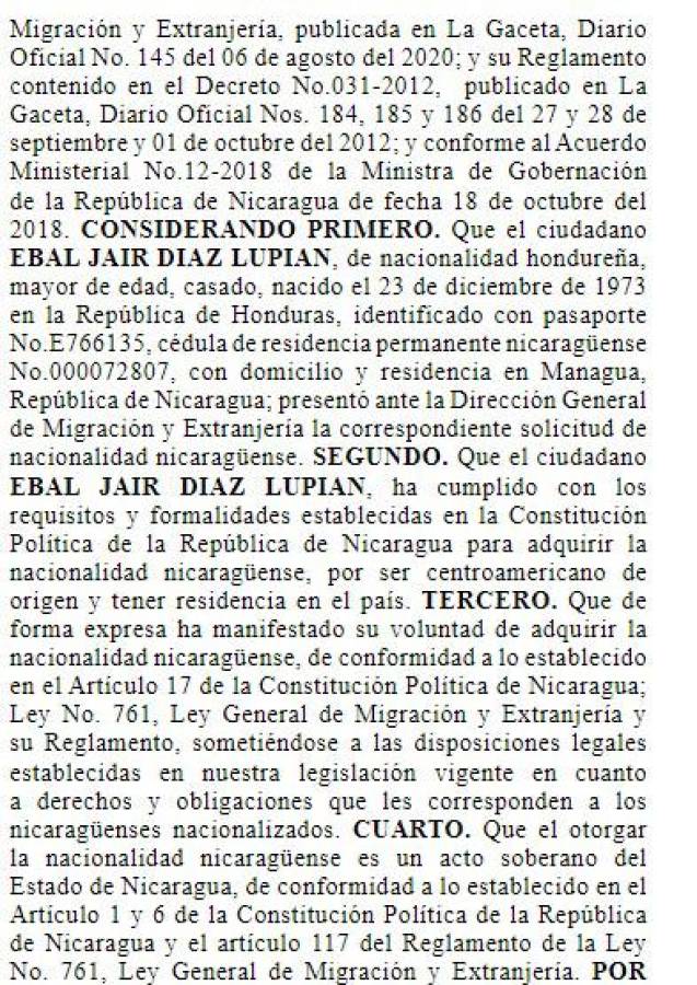 Exclusiva: Ebal Díaz fue nacionalizado nicaragüense