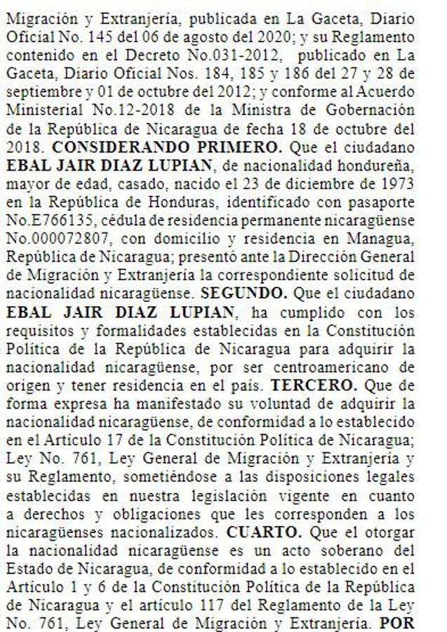 Exclusiva: Ebal Díaz fue nacionalizado nicaragüense