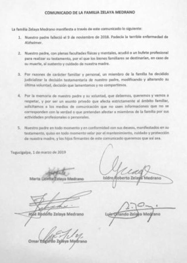 Este es el comunicado íntegro de los hijos Zelaya Medrano.