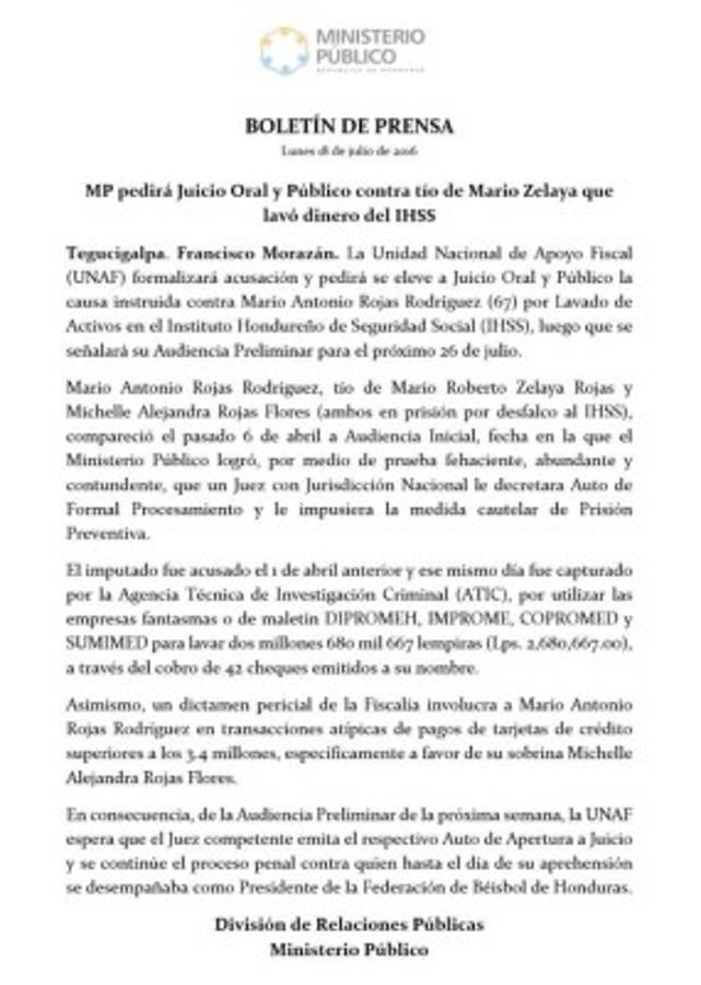 Honduras: MP pedirá que se eleve a juicio oral y público caso del tío de Mario Zelaya