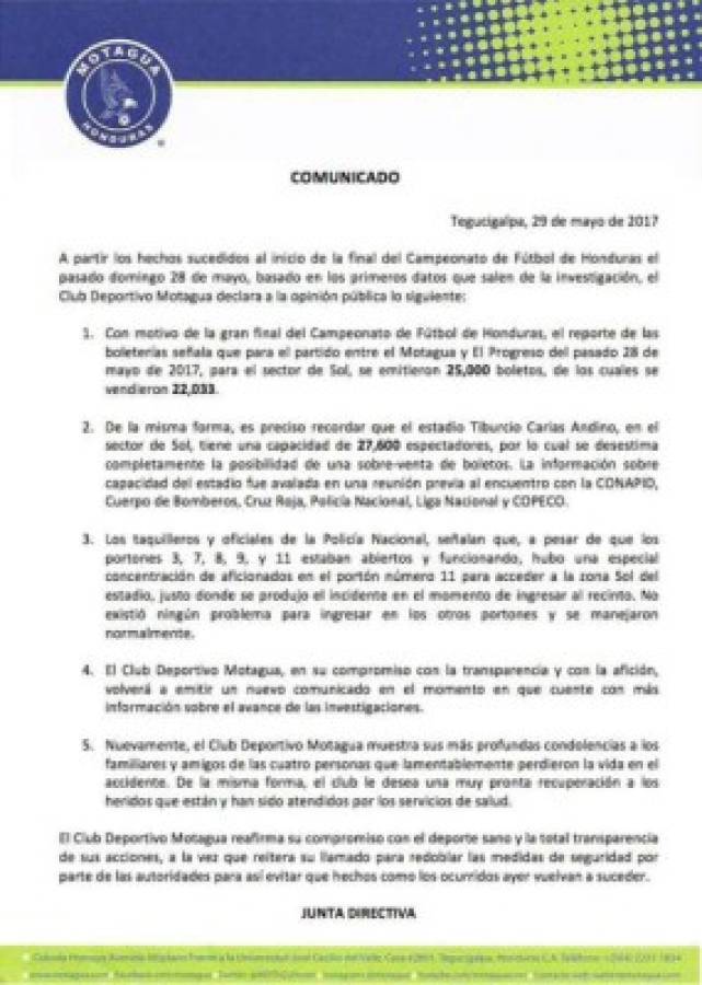El comunicado que difundió la directiva de Motagua la noche del lunes.