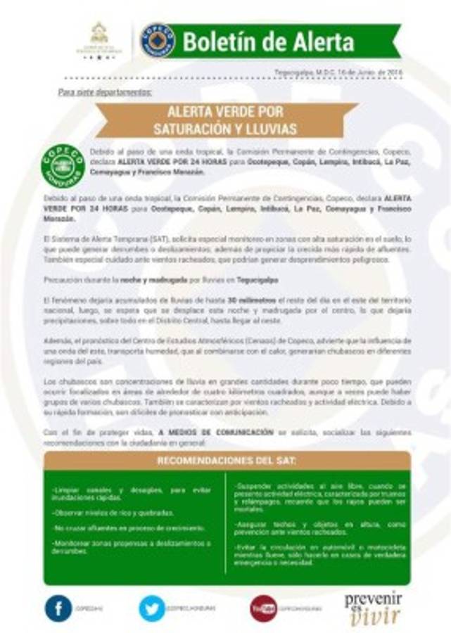 Copeco decreta alerta verde por 24 horas para siete departamentos de Honduras