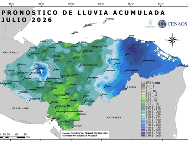 El mapa muestra los pronósticos de lluvia que se pueden registrar en julio de 2026, cuando Honduras esté bajo el fenómenos de El Niño.