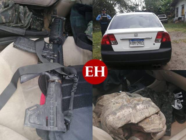 Una de las armas, uniformes y el vehículo decomisados a los dos presuntos integrantes de la estructura criminal.