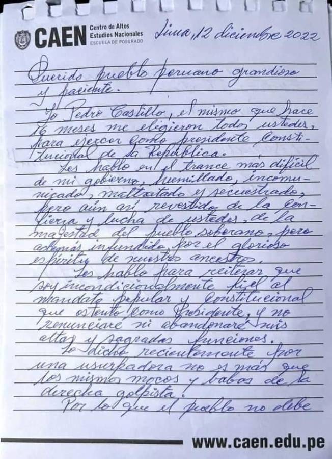 “No renunciaré a mi cargo”: el mensaje de Pedro Castillo tras ser destituido como presidente de Perú
