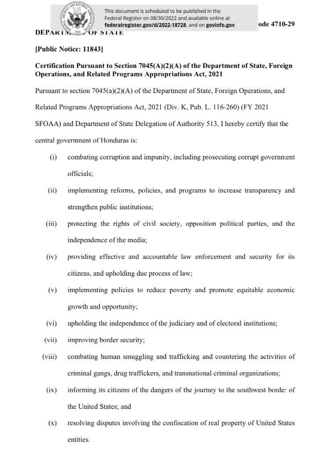 Estados Unidos certifica a Honduras por su combate contra la corrupción