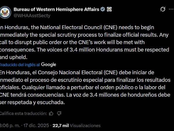 EE UU advierte consecuencias ante cualquier intento de perturbar el orden y labor del CNE