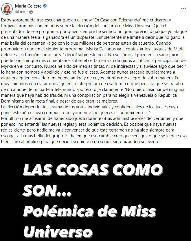 María Celeste responde a críticas por sus declaraciones sobre ganadora de Miss Universo 2022