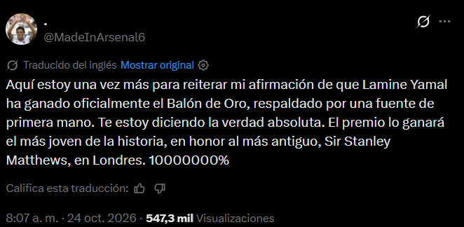Giro inesperado: No ha fallado en sus predicciones y revela quién ganará el Balón de Oro 2026