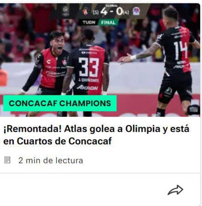 Prensa mexicana califica de “heroica” la remontada del Atlas ante el Olimpia en Concachampions