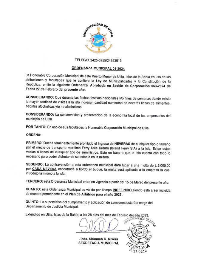 Alcaldía de Utila prohíbe a turistas el ingreso de hieleras a la isla