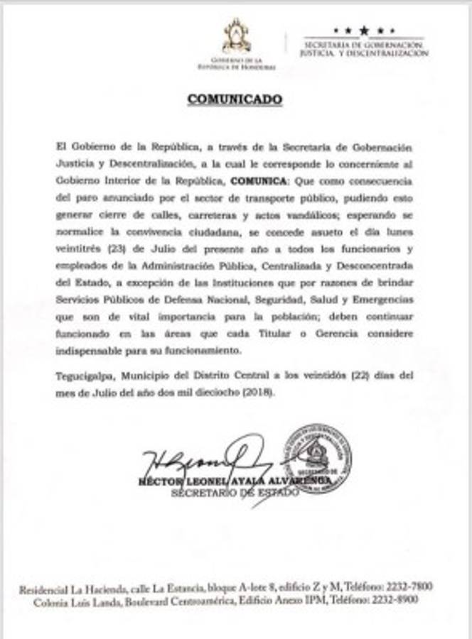 Por paro de transporte dan asueto a empleados públicos en Honduras