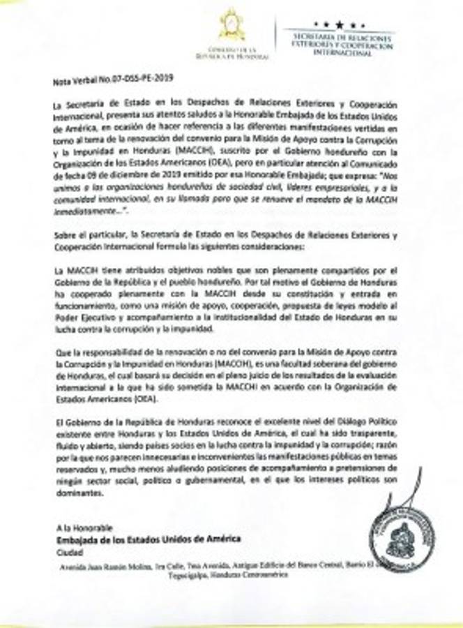 Gobierno rechaza la postura de Estados Unidos sobre la Maccih