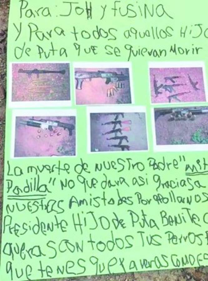 Esta es una nota donde la banda amenaza al presidente Juan Orlando Hernández.