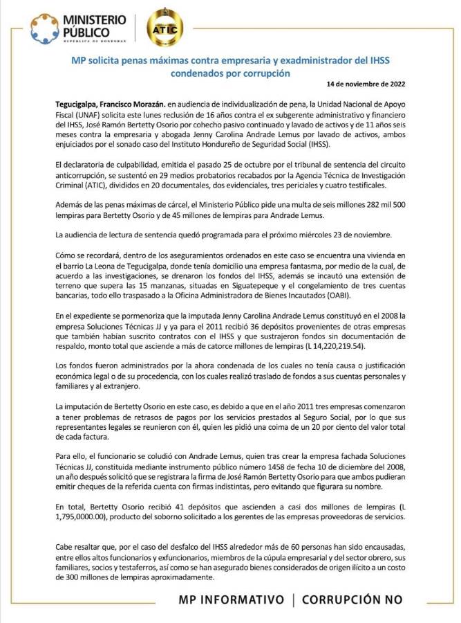 Solicitan penas máximas para Bertetty Osorio y Jenny Lemus por millonario desfalco al IHSS