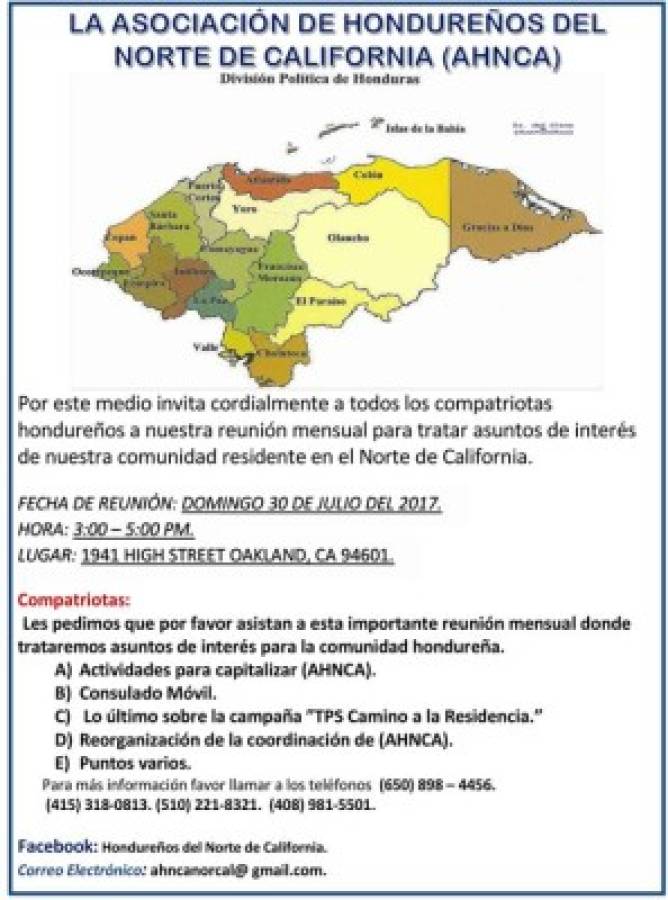Asociación Hondureña del Norte de California invita a los compatriotas a una reunión