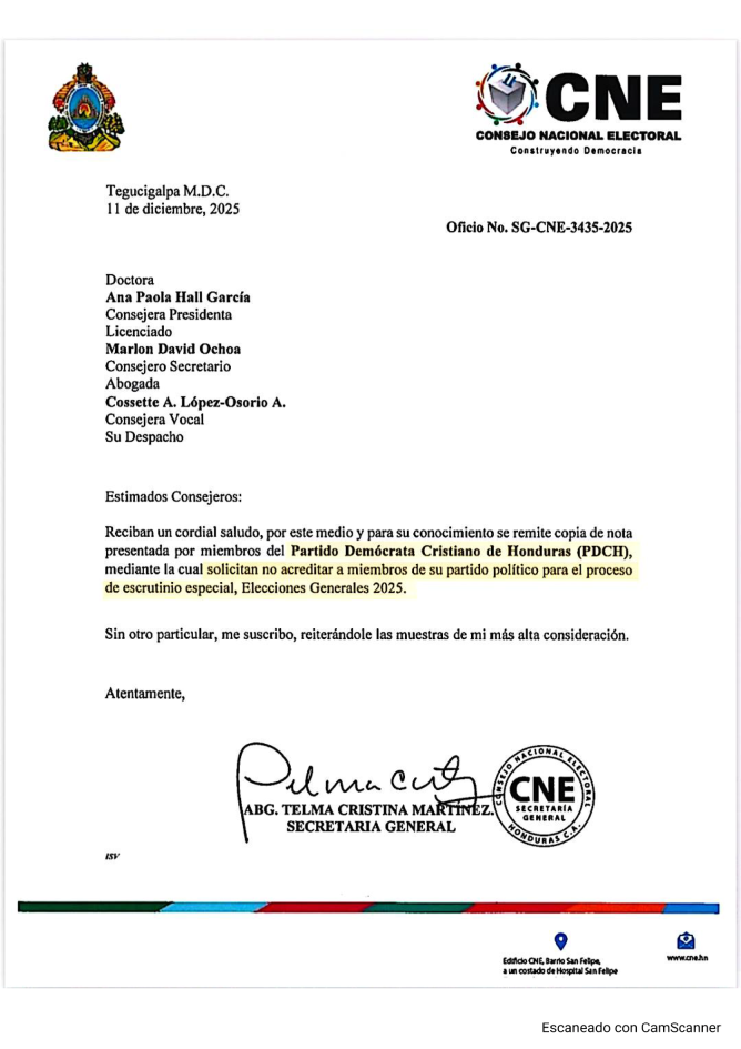 Solicitud de acreditación de la DC para escrutinio especial