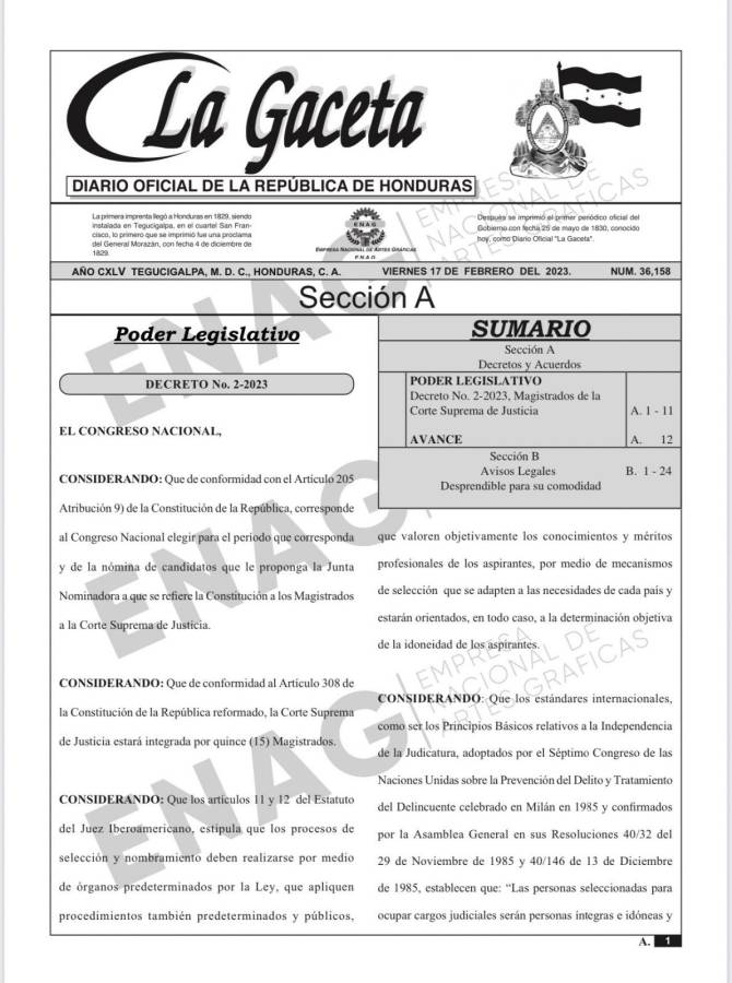 Publican en La Gaceta decreto que acredita a nuevos magistrados de la Corte Suprema de Justicia