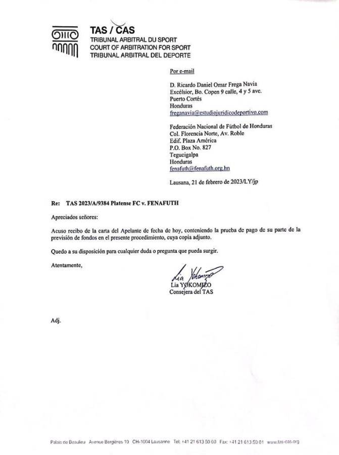 El Tribunal de Arbitraje del Deporte (TAS) acusó de recibido el monto.