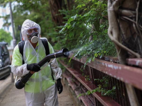 Un trabajador rocía insecticida tras reportes de casos de chikungunya en Hong Kong en julio.