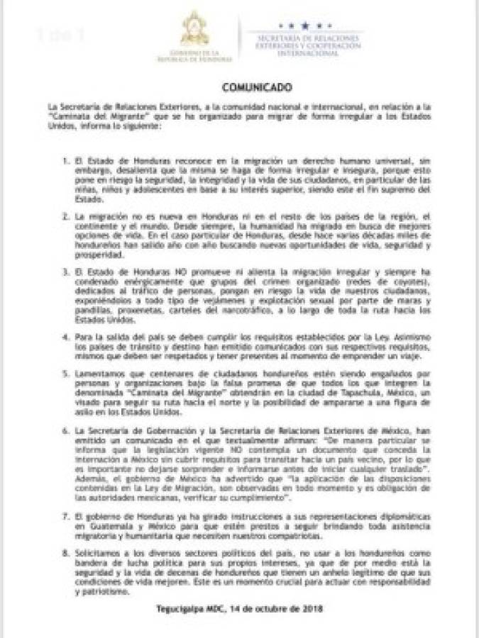 Este es el comunicado de prensa que emitió este domingo la cancillería de Honduras.