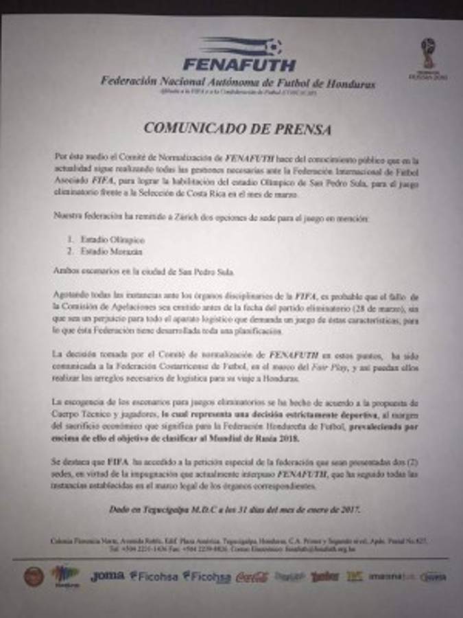 Oficial: La H jugará en San Pedro Sula ante Costa Rica