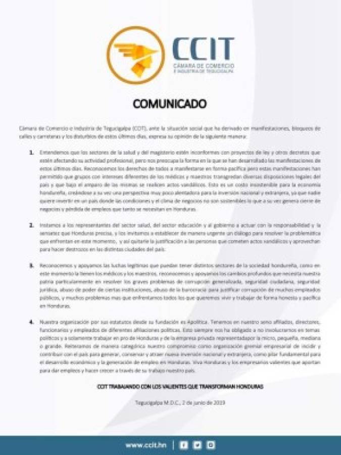 Cámaras de Comercio de Tegucigalpa y Cortés reaccionan ante jornadas de protestas