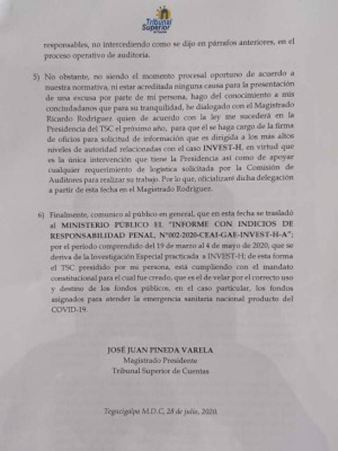 Ministerio Público recibe informe que señala responsabilidad penal contra Invest-H