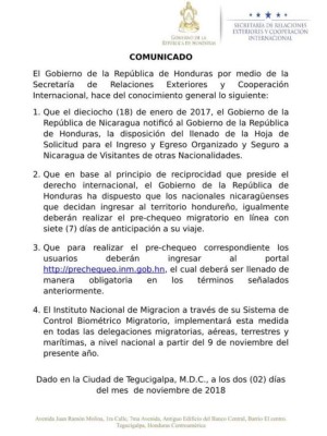 Nicaragüenses deberán llenar solicitud para ingresar a Honduras