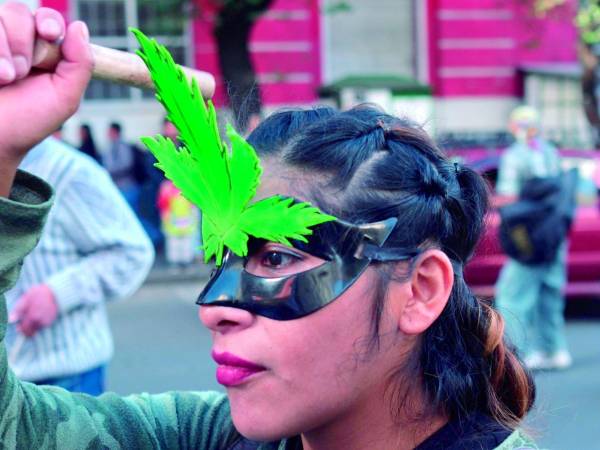 Protesta. Una mujer boliviana participa, el fin de semana, en el centro de La Paz y ante el Ministerio de Salud en una marcha para impulsar un proyecto de ley de acceso integral a la marihuana y reclamar su despenalización con fines medicinales y culturales para no sea comerciada por parte del narcotráfico.