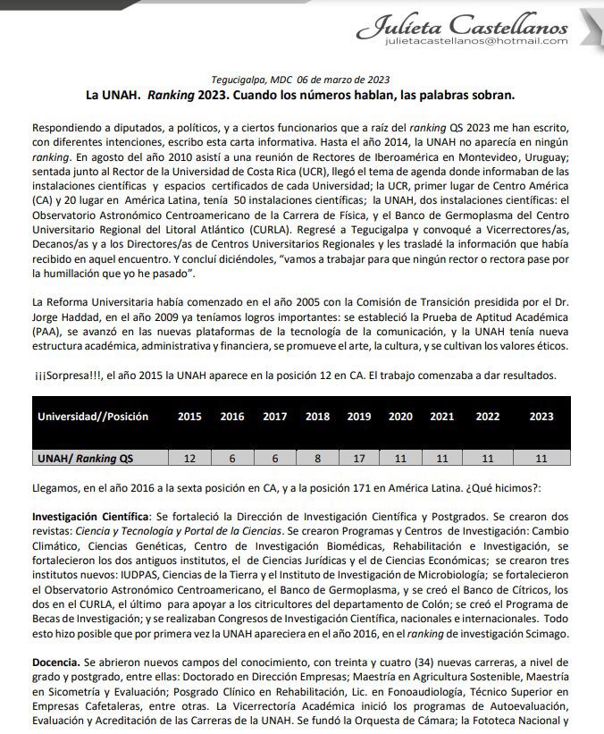 Julieta Castellanos expone sus logros en la UNAH: “Cuando los números hablan, las palabras sobran”