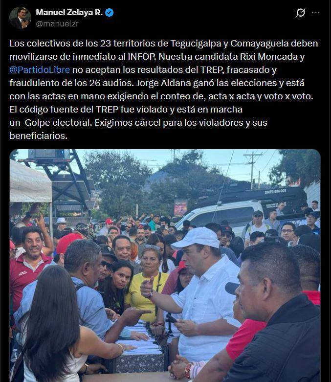 Mensaje del coordinador de Libre, Manuel Zelaya Rosales.