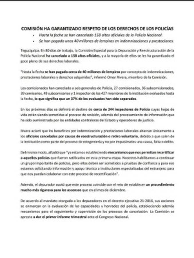 Honduras: Comisión depuradora ha pagado 40 millones de lempiras a policías cancelados