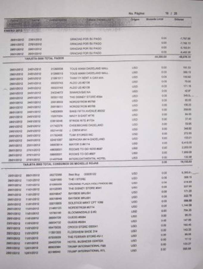 Estos son parte de los estados de cuenta que reflejan los onerosos gastos de José Zelaya y su esposa Michelle Alejandra Rojas.