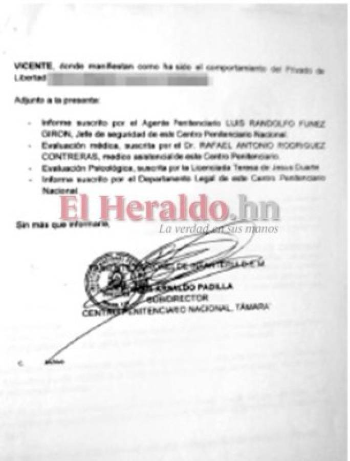 Informe firmado y sellado por Padilla, subdirector del Centro Penitenciario Nacional de Támara. Foto: El Heraldo