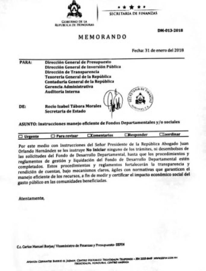 l memorándum DM-013-2018 de la Secretaría de Finanzas gira las instrucciones para congelar el Fondo Departamental de 2018.