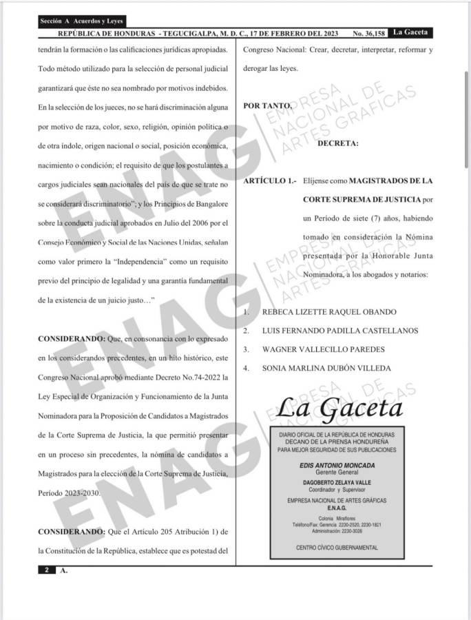 Publican en La Gaceta decreto que acredita a nuevos magistrados de la Corte Suprema de Justicia