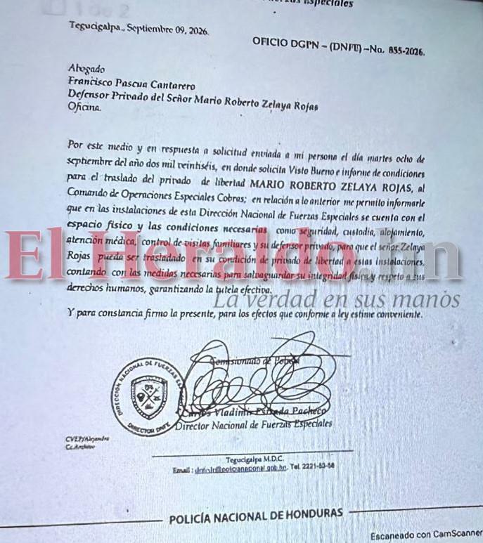 En menos de 24 horas, Fuerzas Especiales respondió a la defensa de Mario Zelaya que cuenta con condiciones para recibirlo en sus instalaciones.