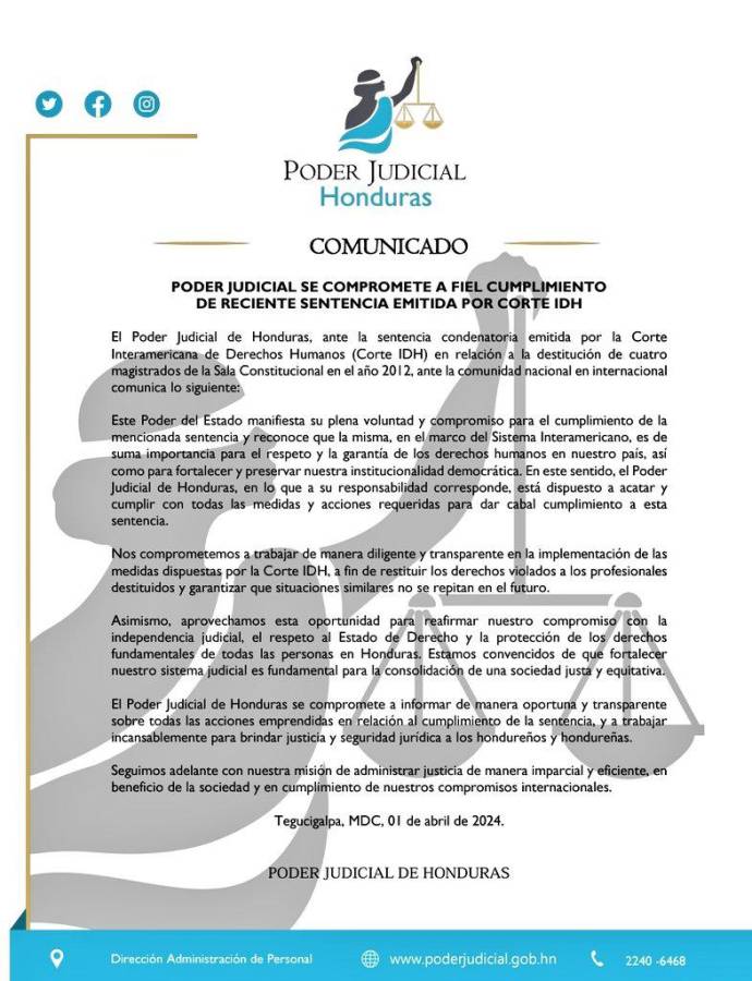 PGR y CSJ cumplirán sentencia de Honduras por golpe a Sala Constitucional en 2012