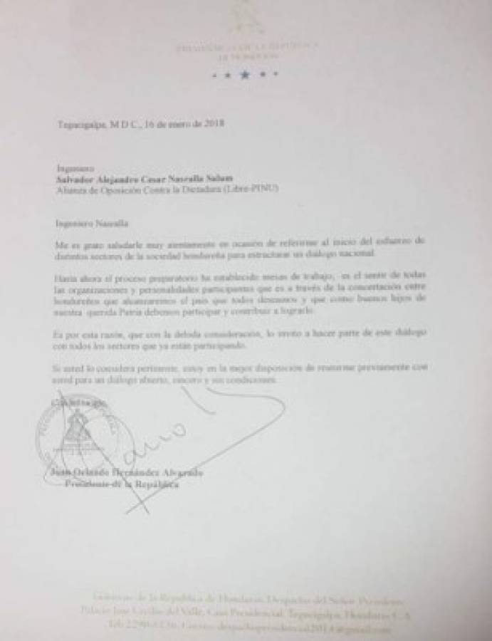 Presidente Hernández envía carta a Salvador Nasralla pidiéndole integrar el diálogo