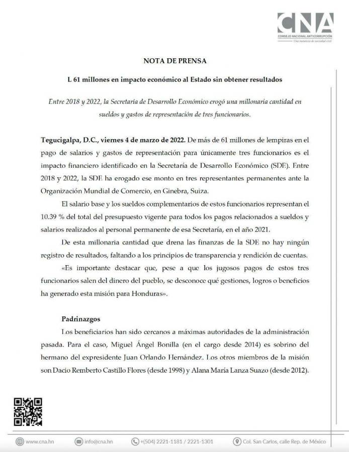 CNA denuncia corrupción en Desarrollo Económico que involucra a sobrino de JOH; L61 millones se gastaron