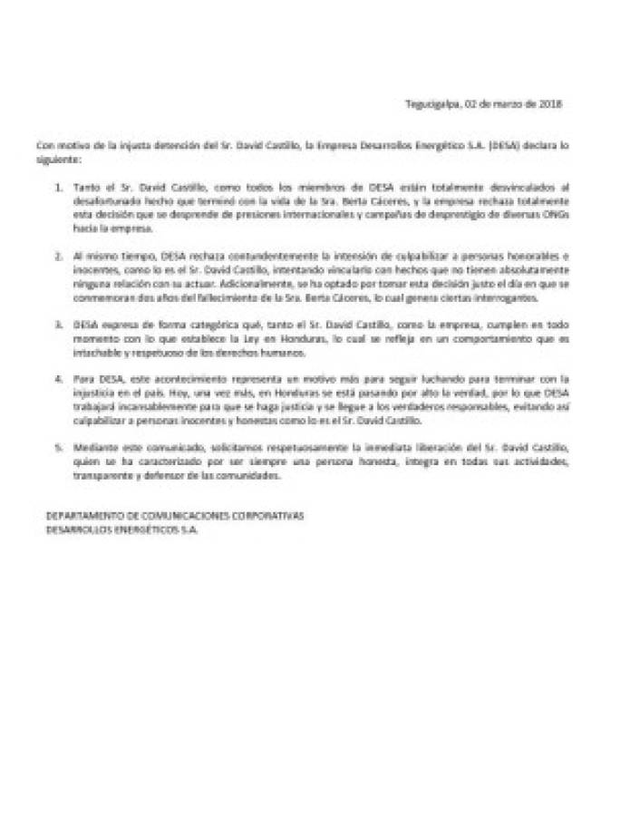 DESA rechaza que Roberto David Castillo Mejía esté implicado en el crimen de Berta Cáceres