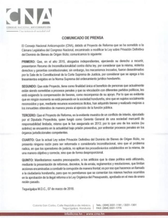 Este es el comunicado de prensa presentado este miércoles por el Consejo Nacional Anticorrupción.