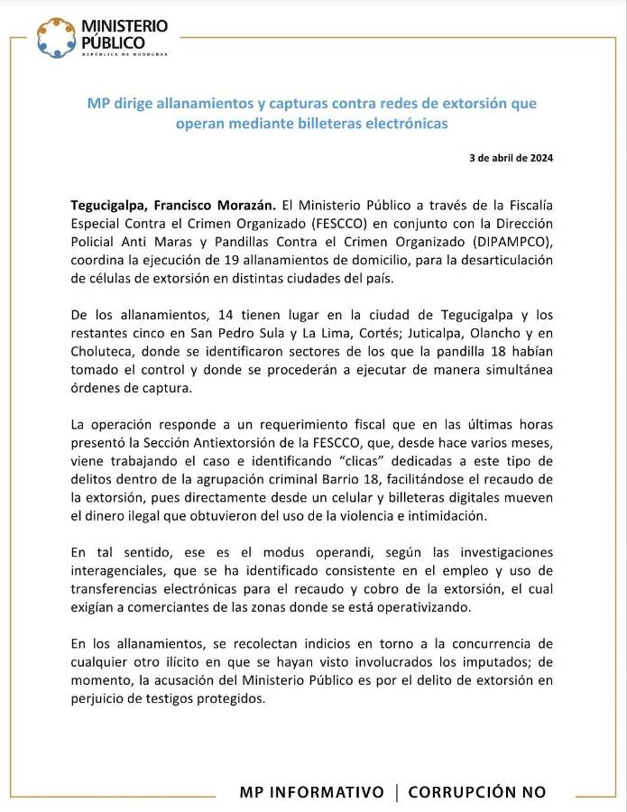 MP realiza 19 allanamientos contra red de extorsión mediante billeteras electrónicas