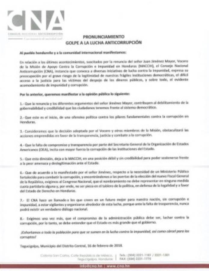 Este es el comunicado del Consejo Nacional Anticorrupción sobre la renuncia de Jiménez Mayor.