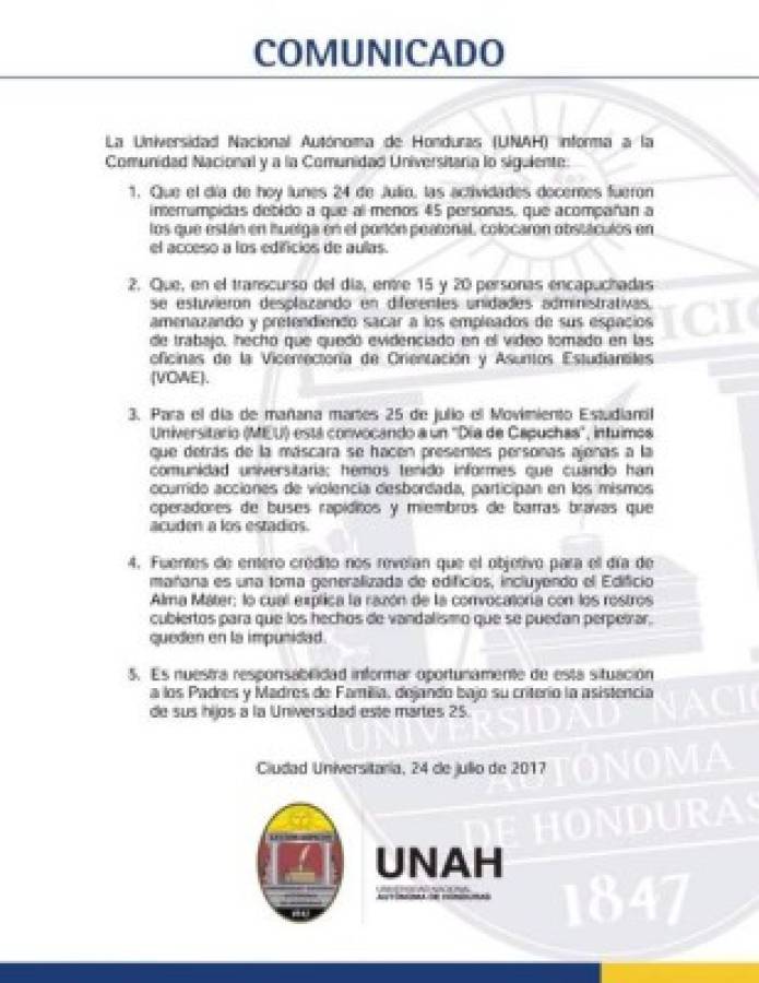 En el inciso tres del comunicado emitido por la UNAH se acusan a barras bravas y operadores de rapiditos de participar en actos vandálicos en Ciudad Universitaria.