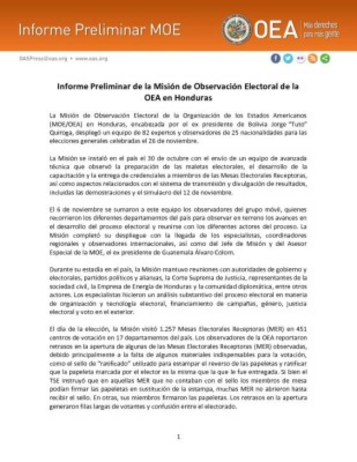 Informe preliminar de la Misión de Observación Electoral de la OEA