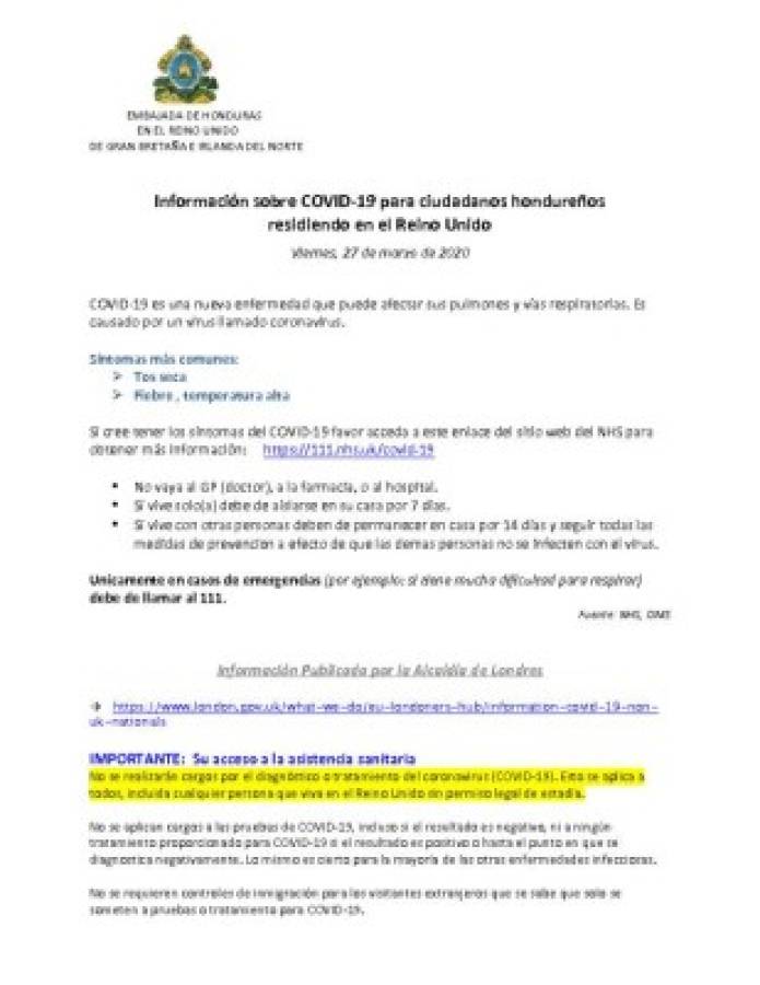 Cobertura de servicios de salud Covid-19 para ciudadanos hondureños residiendo en el Reino Unido