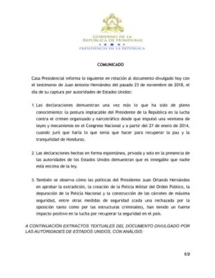 Comunicado de Casa de Gobierno tras testimonio de Tony Hernández en Estados Unidos