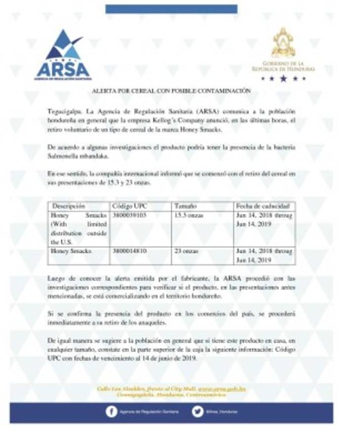 Honduras: Kellogg´s retira cereal del mercado porque podría estar infectado con salmonella